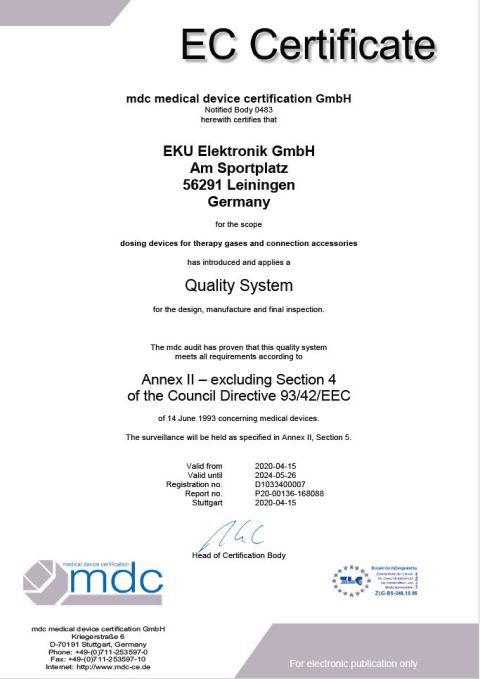 English EC Certificate 93/42/EEC for EKU Elektronik